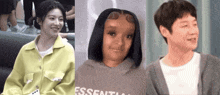 a woman in a yellow jacket is next to a man in a grey sweater with the word essential on it