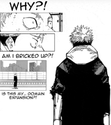 a black and white drawing of a man with the words why am i bricked up and is this my domain expansion