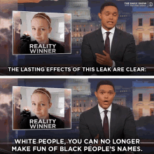 the daily show with trevor noah is shown on a television screen