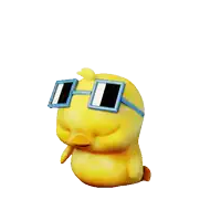 a yellow rubber duck wearing blue square sunglasses on a white background