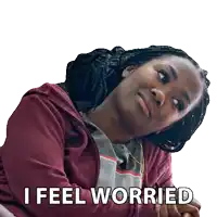 a woman in a maroon hoodie with the words i feel worried above her