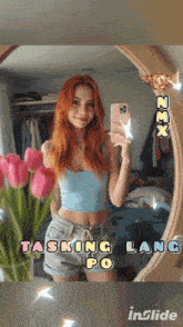 a woman taking a selfie in front of a mirror with the words tasking lano po written below her