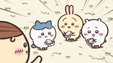 a cartoon drawing of a cat a rabbit and a bear standing next to each other