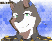 a cartoon of a wolf with green eyes and a badge on his head