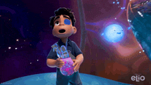 a boy is holding scissors in front of a sign that says " elio "