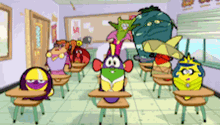 a group of cartoon characters are sitting at desks in a classroom and one of them has the number 3 on his head