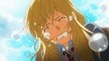 a girl with long blonde hair is crying with bubbles coming out of her eyes