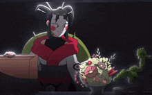a cartoon drawing of a woman holding a bouquet of flowers with the letter m on her head
