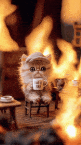 a kitten wearing a hat and holding a cup that says this is fine