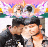 a man wearing a black shirt that says " no end " kisses another man