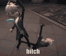 a video game character with the word bitch on the floor