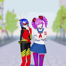 two anime characters standing next to each other with one wearing a ladybug costume