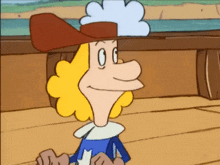 a cartoon character with blonde hair and a hat