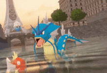 a blue and yellow pokemon is swimming in a river