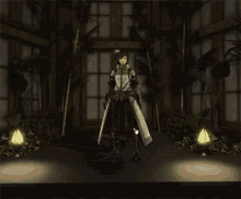 a person is standing in a room with a lot of lights