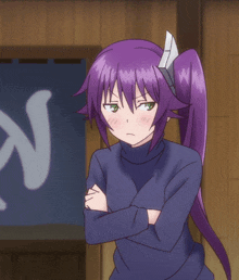 a girl with purple hair is standing in front of a sign that says n