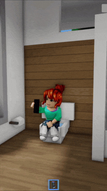 a girl with red hair is sitting on a toilet in a game