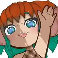 a cartoon drawing of a girl with red hair and green hair waving her hand