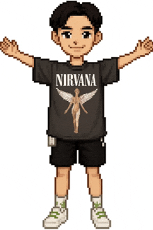 a pixel art of a man wearing a nirvana shirt