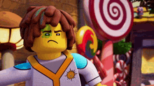 a lego character with a swirl in the background