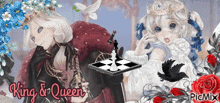 a king and queen picture with a chess board