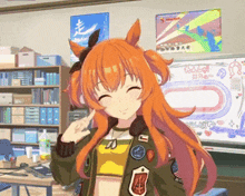 a girl with orange hair is giving the middle finger in front of a white board