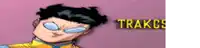 a cartoon character with glasses and the word trakcs in yellow