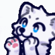 a cartoon drawing of a white cat with blue eyes and a pink paw .