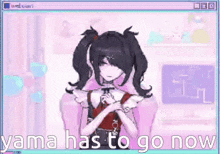 a pixel art of a girl with pigtails standing in front of a computer screen .