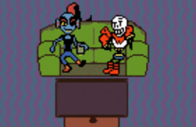 a pixel art of a man and a skeleton sitting on a couch