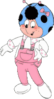 a ladybug wearing pink overalls and a white shirt