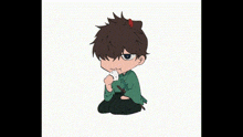 a chibi boy is eating a piece of food while sitting down .