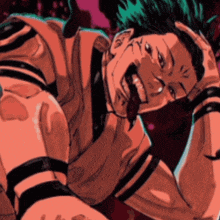 a drawing of a man with green hair and black stripes on his arm