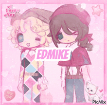 a couple of cartoon characters standing next to each other with the name edmike on the bottom right