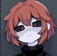 a cartoon girl with red hair and black eyes is making a funny face .