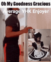 a man is standing next to a picture of a woman in a maid costume