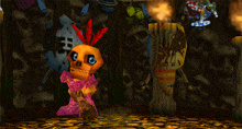 a cartoon character holding a broom in front of a wall with skulls on it