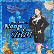 a picture of a woman with a dolphin and the words " keep calm " on it