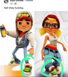 a boy and a girl from subway surfers are standing next to each other and their shoes are different .