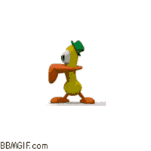 a cartoon duck with big eyes and a green hat is on a white background