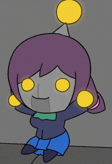 a cartoon drawing of a robot girl with purple hair and yellow eyes