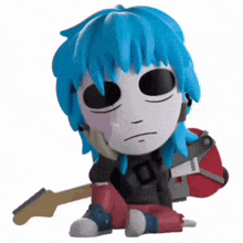 a cartoon character with blue hair and a guitar is sitting on the floor .