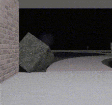 a computer generated image of a room with a brick wall and a rock .