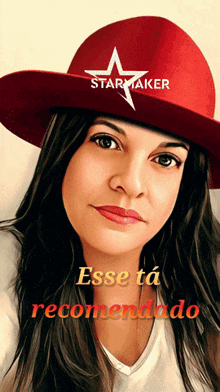 a woman wearing a red hat that says star maker