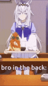 a cartoon girl is holding a tray of food and the words pro in the back are visible .
