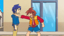 two cartoon characters are standing in front of a building .