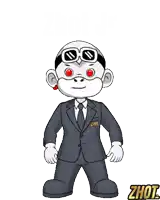 a cartoon character is holding a broken heart and a gun with the word zhout on the bottom