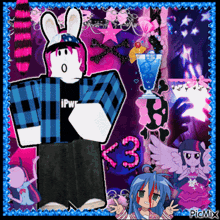 a picture of a roblox character with a bunny hat and a drink with the number 3 on it