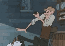 a dalmatian dog is attacking a man in a cartoon while he is sitting on a chair .