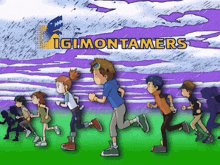 a group of kids are running in a line with the words " digimon tamers " written above them